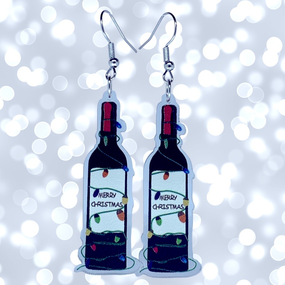 Red Wine Bottle Acrylic Dangle Christmas Earrings Fashion Jewelry
